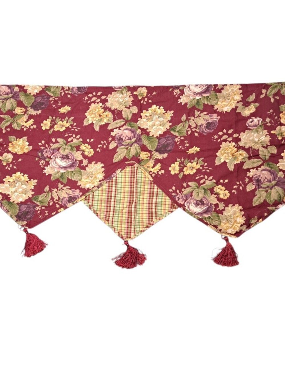 Curtain Valance Floral Plaid 51x22 Cottage Farmhouse Country Burgundy Red Vtg